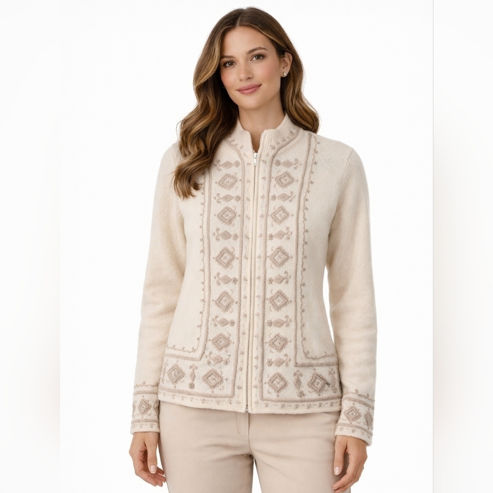 Coldwater Creek Wool Women's Sweater Cardigan Zipper 3d Knit Embroidery Granny